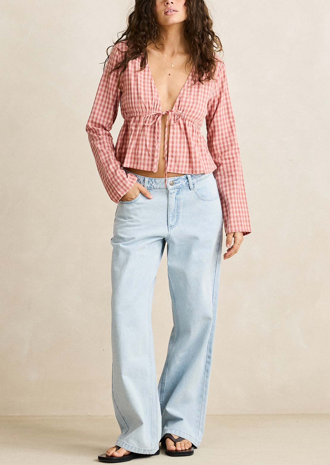 Rhythm Women's Kirra Check Tie Front Long Sleeve Top Pink