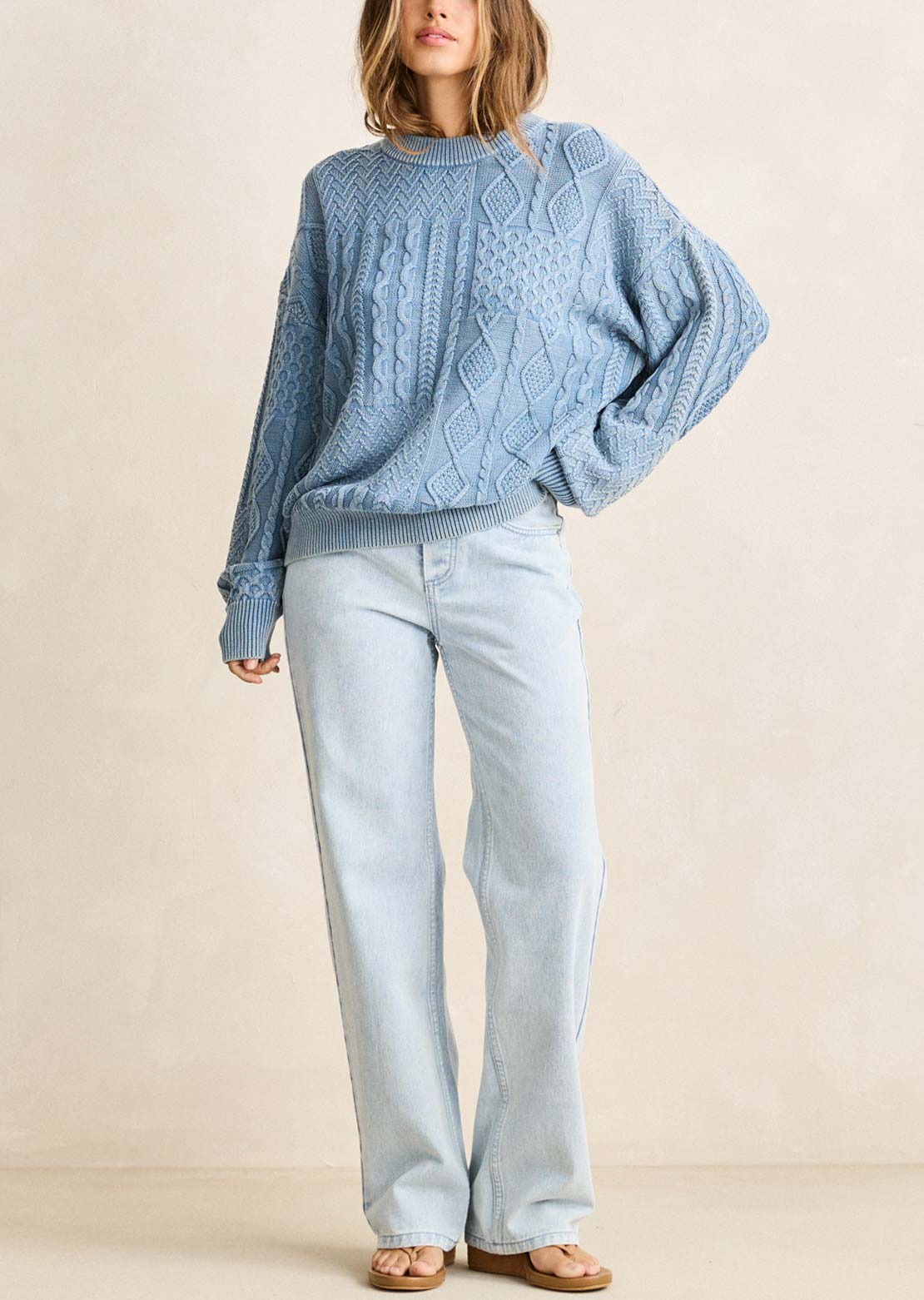Rhythm Women's Patchwork Salt Wash Sweater Washed Blue