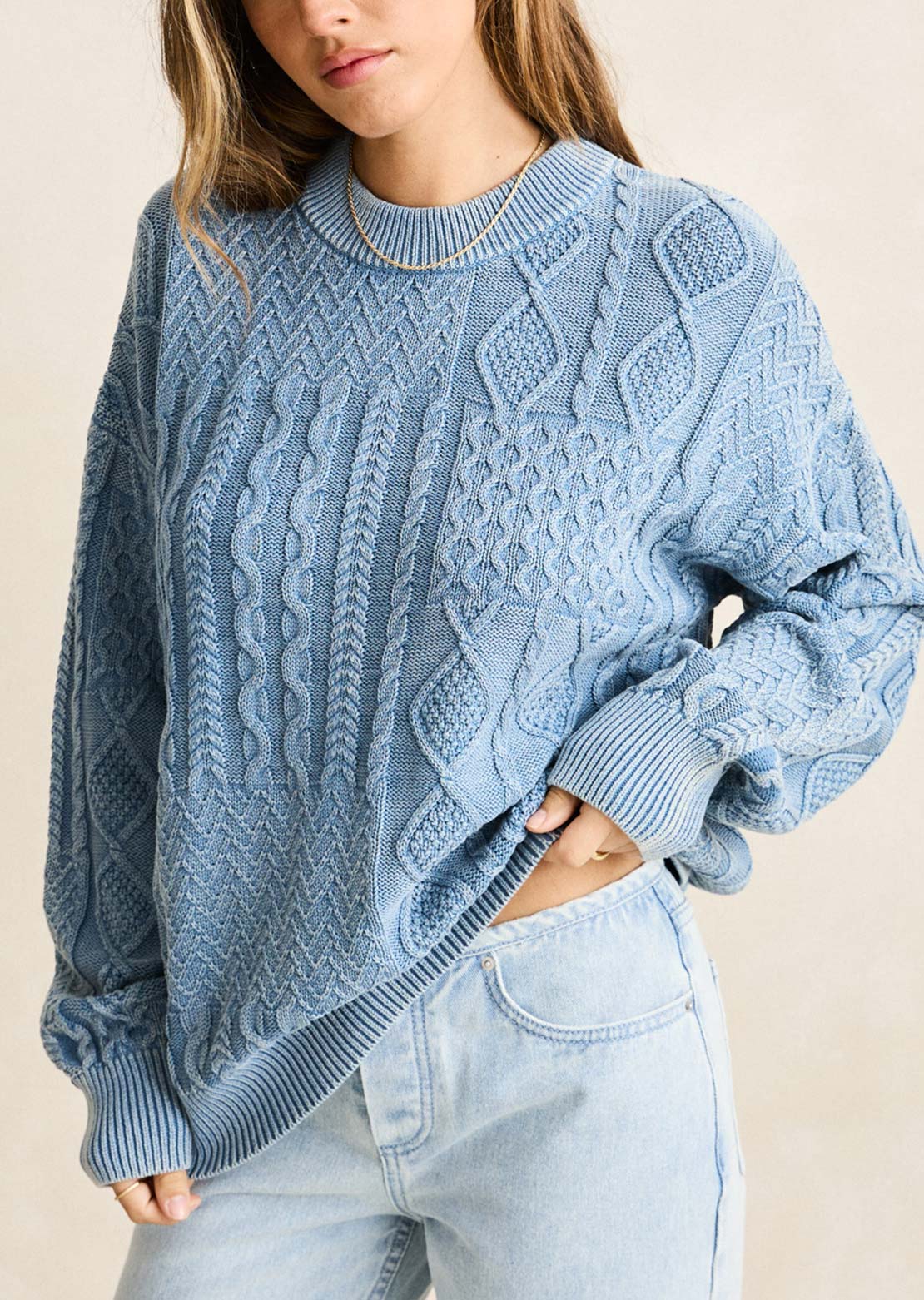 Rhythm Women's Patchwork Salt Wash Sweater Washed Blue