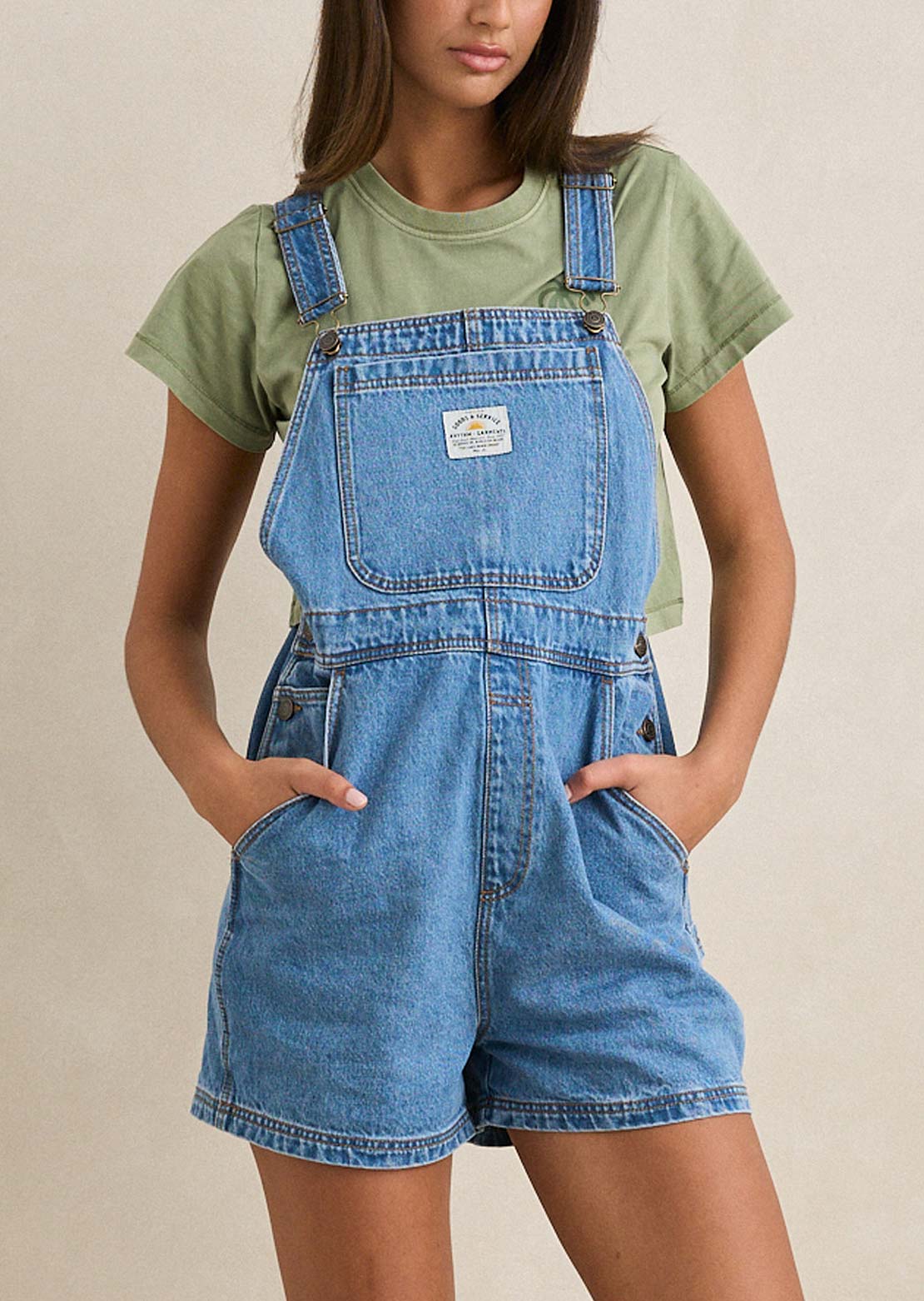 Rhythm Women's Tide Short Overall Worn Indigo