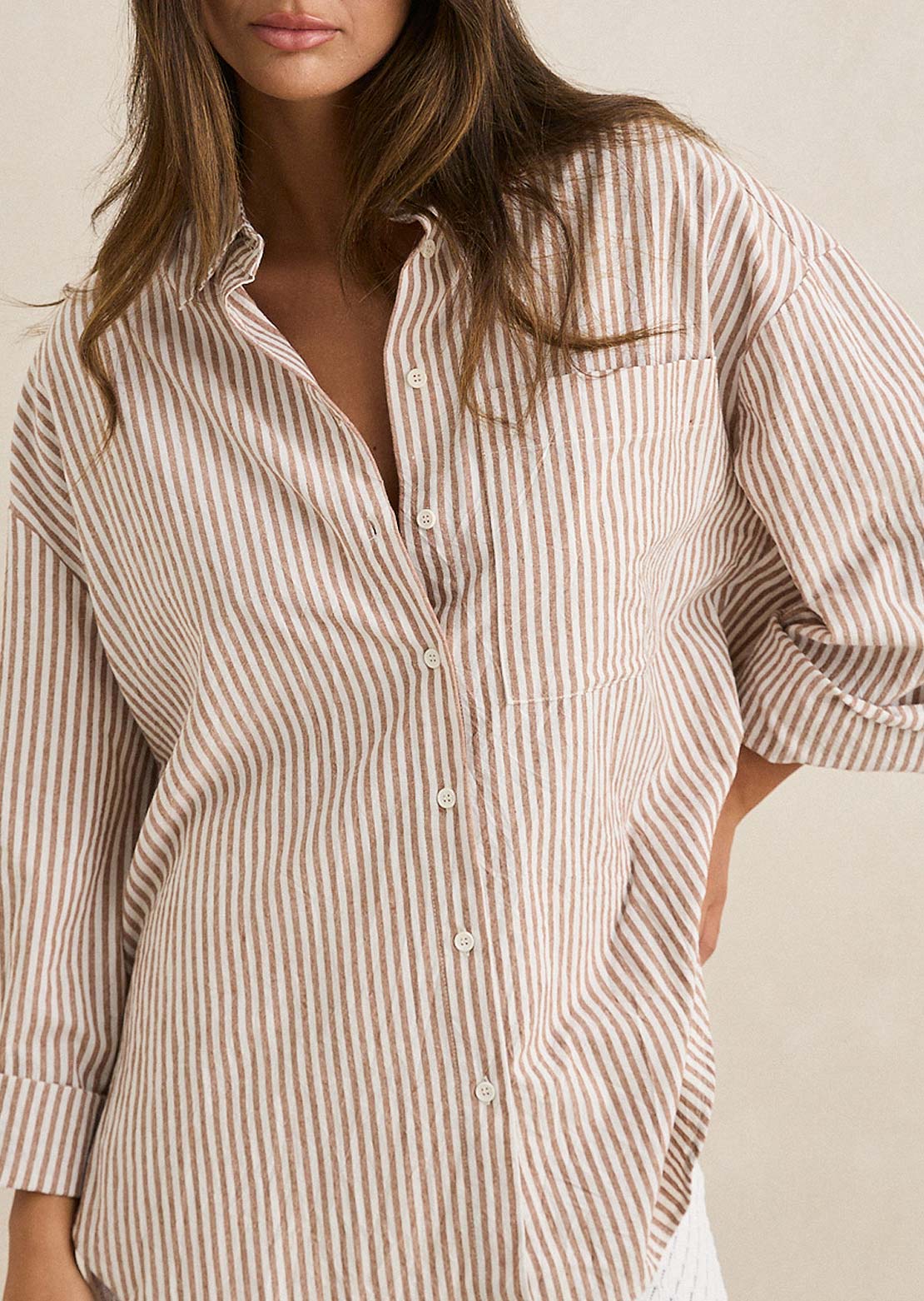 Rhythm Women's Valley Stripe Oversized Button Up Shirt Tan