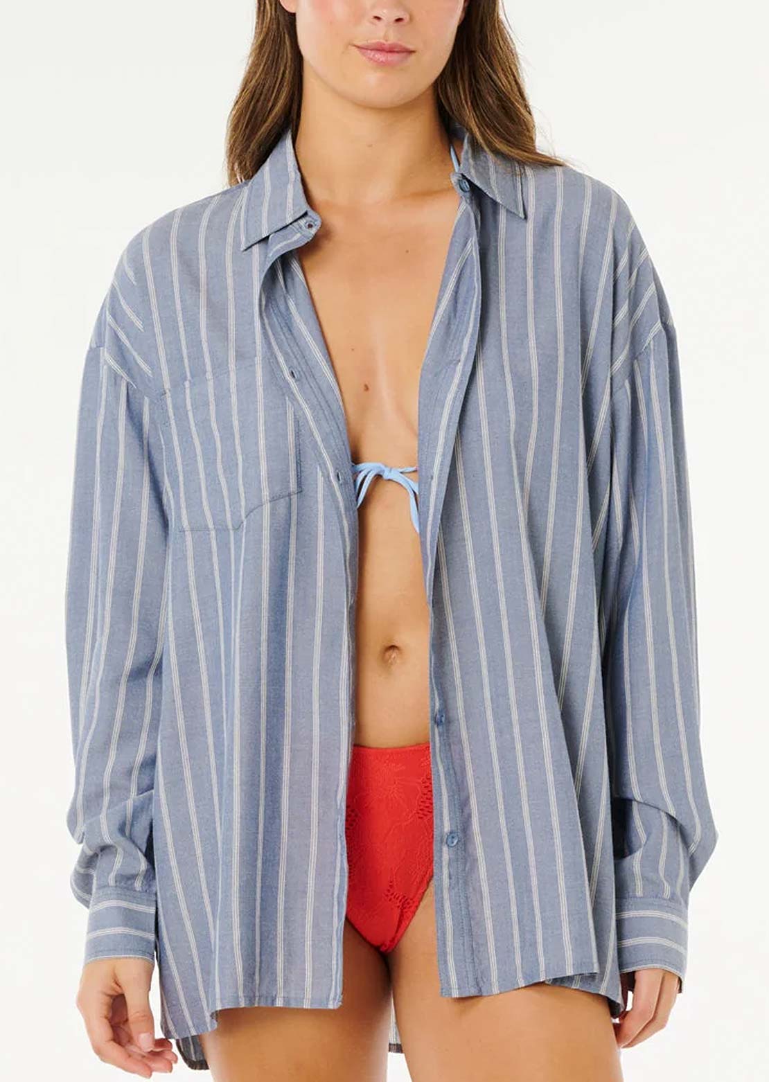 Rip Curl Women's Beach Days Pinstripe Button Up Shirts Dusty Blue