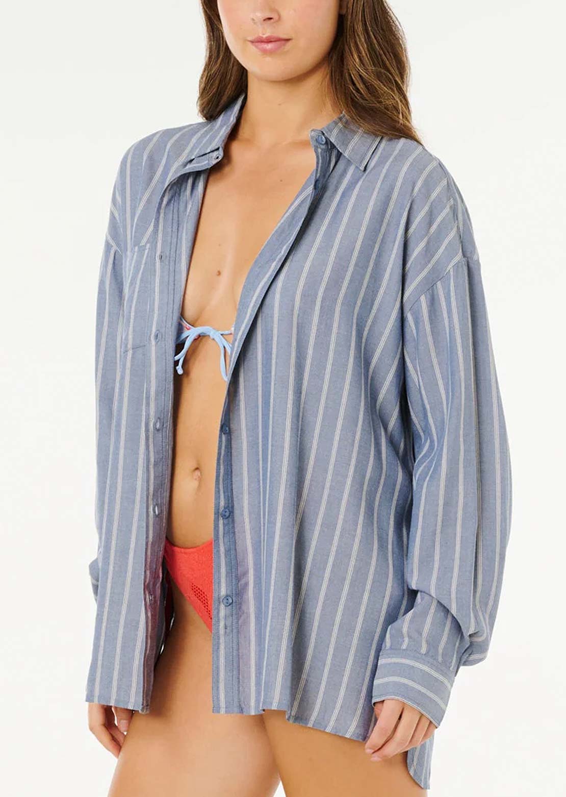 Rip Curl Women's Beach Days Pinstripe Button Up Shirts Dusty Blue