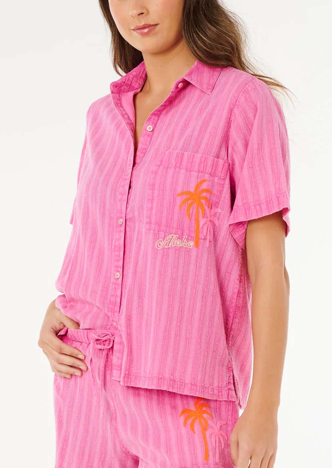 Rip Curl Women's Hotel Malibu Embroid Button Up Shirts Super Pink