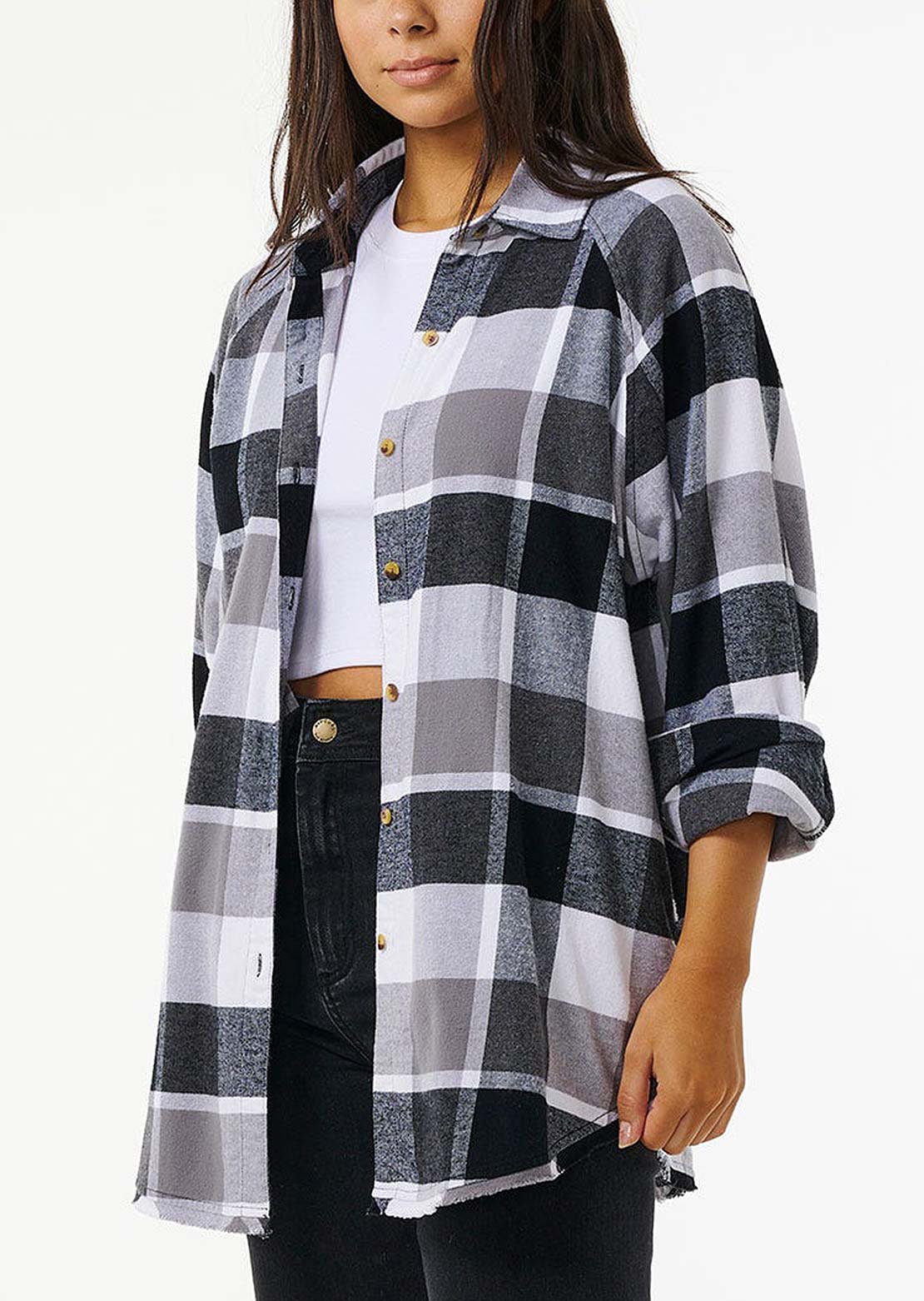 Rip Curl Women's Pacific Dreams Cotton Flannel Button Up Shirt Charcoal