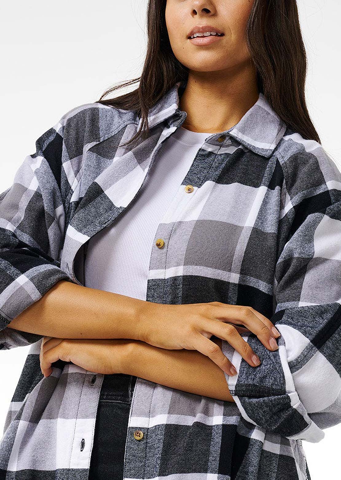 Rip Curl Women's Pacific Dreams Cotton Flannel Button Up Shirt Charcoal