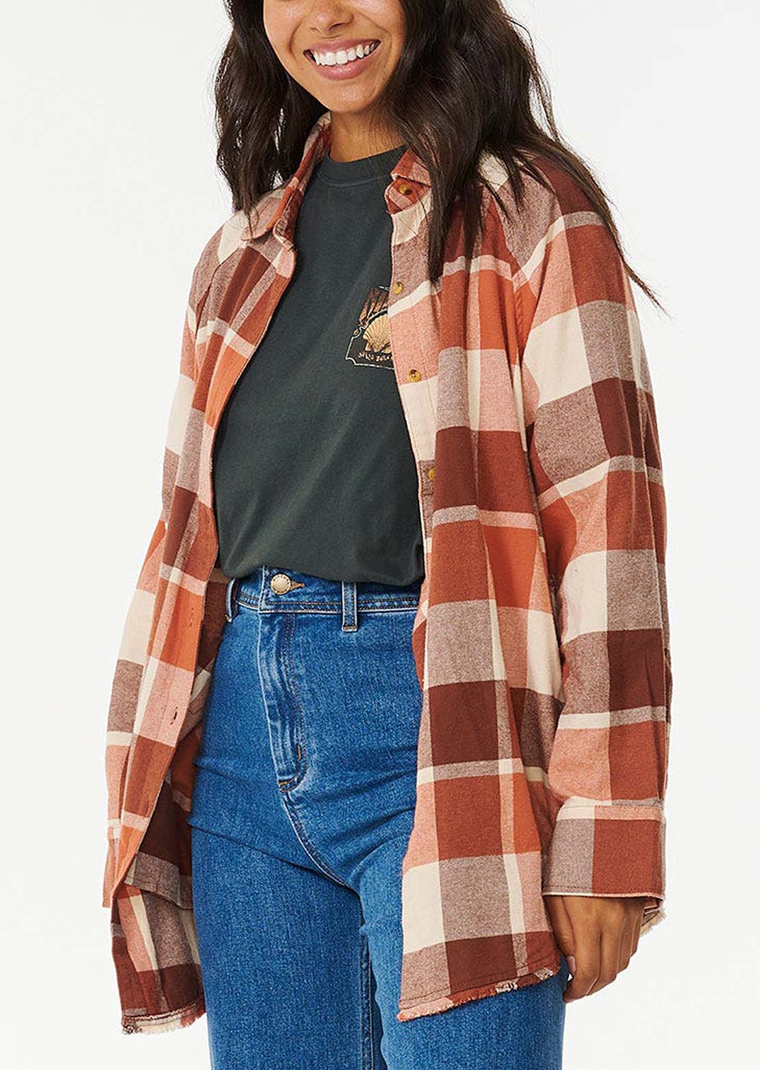 Rip Curl Women's Pacific Dreams Cotton Flannel Button Up Shirt Cinnamon