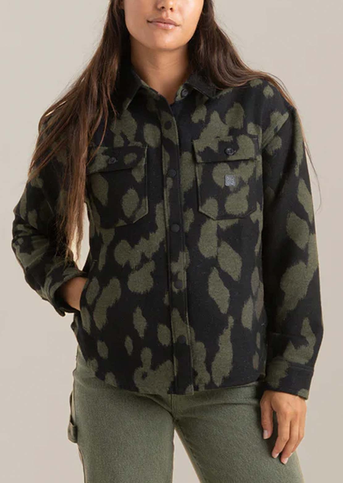 Roark Women's Amberley Oversized Button Up Shirt Military Leo