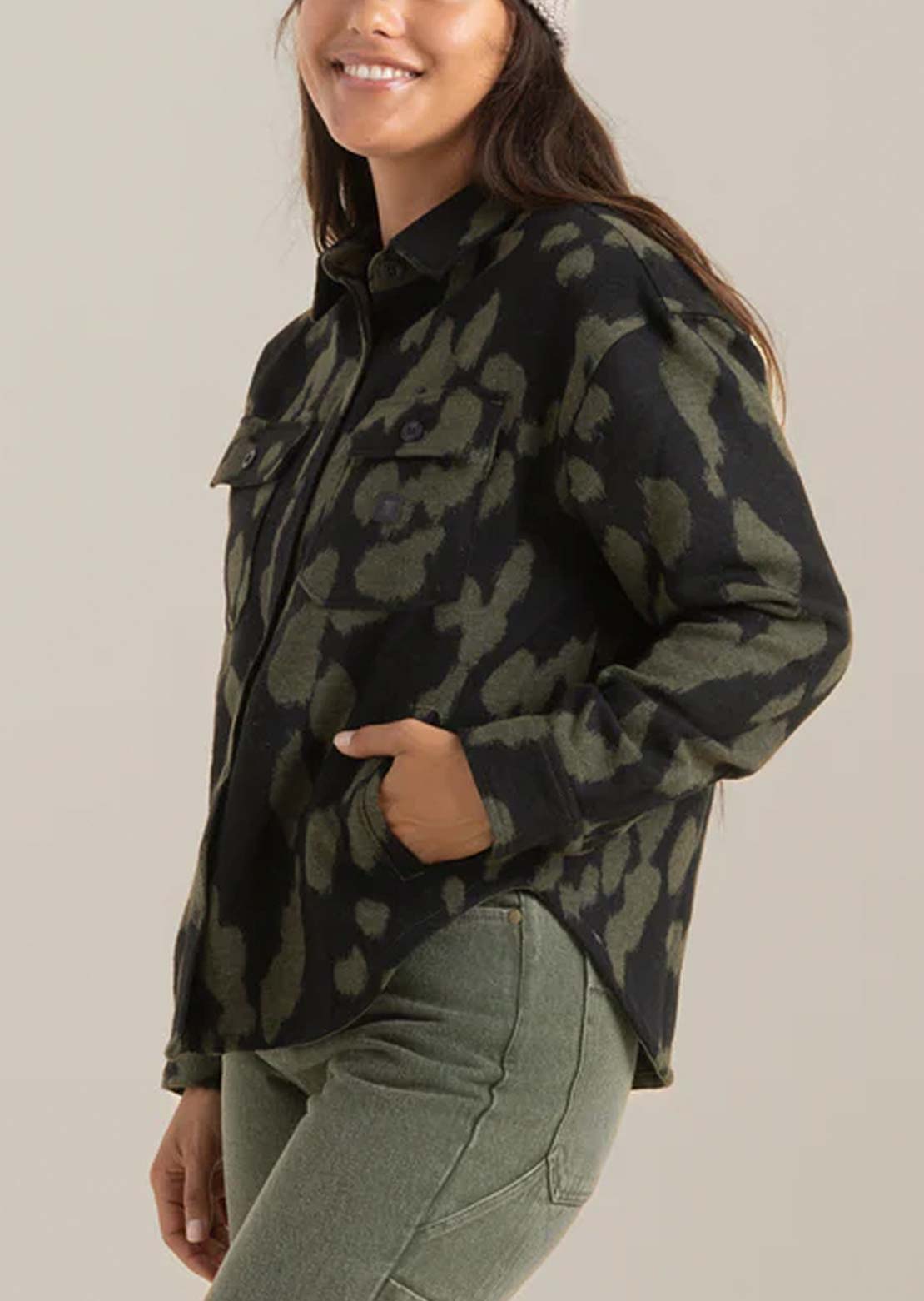 Roark Women's Amberley Oversized Button Up Shirt Military Leo