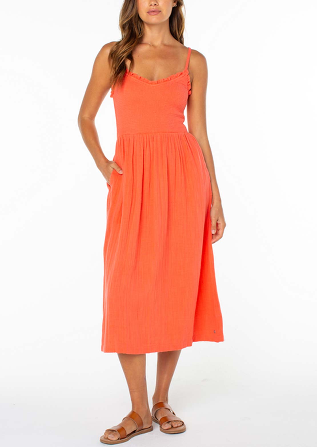Roxy Women's Downriver Midi Dress Hot Coral Solid