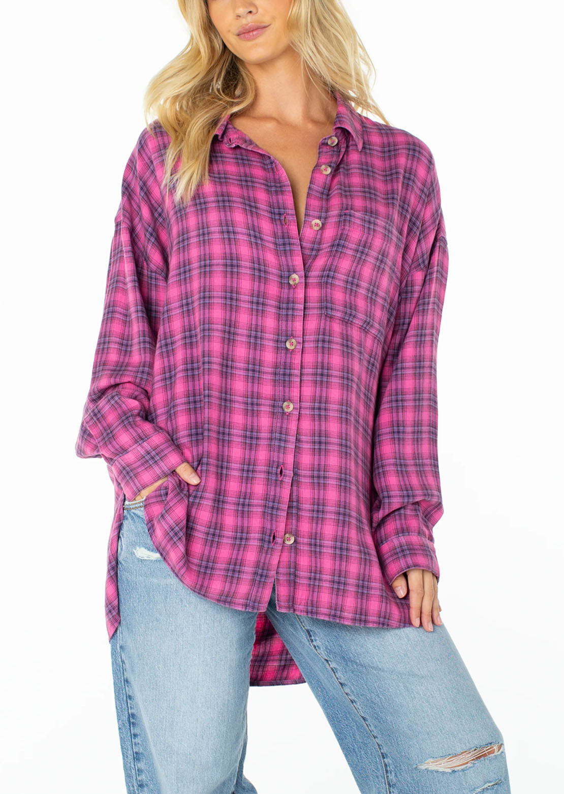 Roxy Women's Driftwood Button Up Shirt Naval Academy Sunburst Plaid