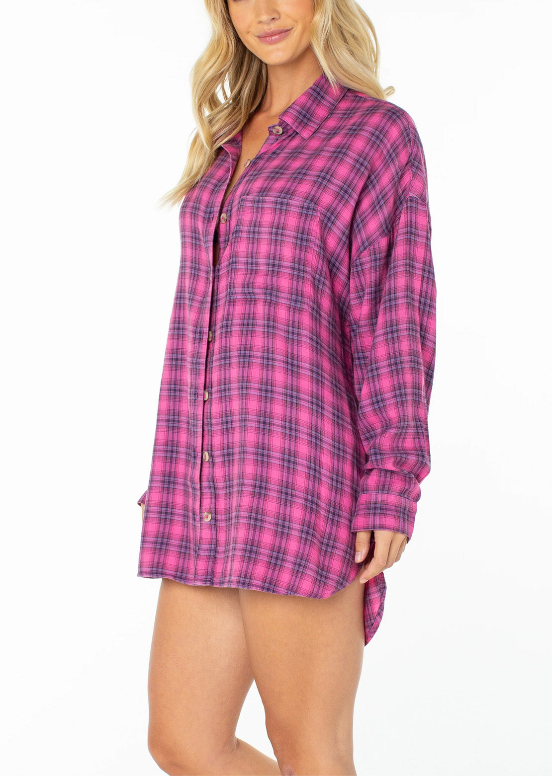 Roxy Women's Driftwood Button Up Shirt Naval Academy Sunburst Plaid