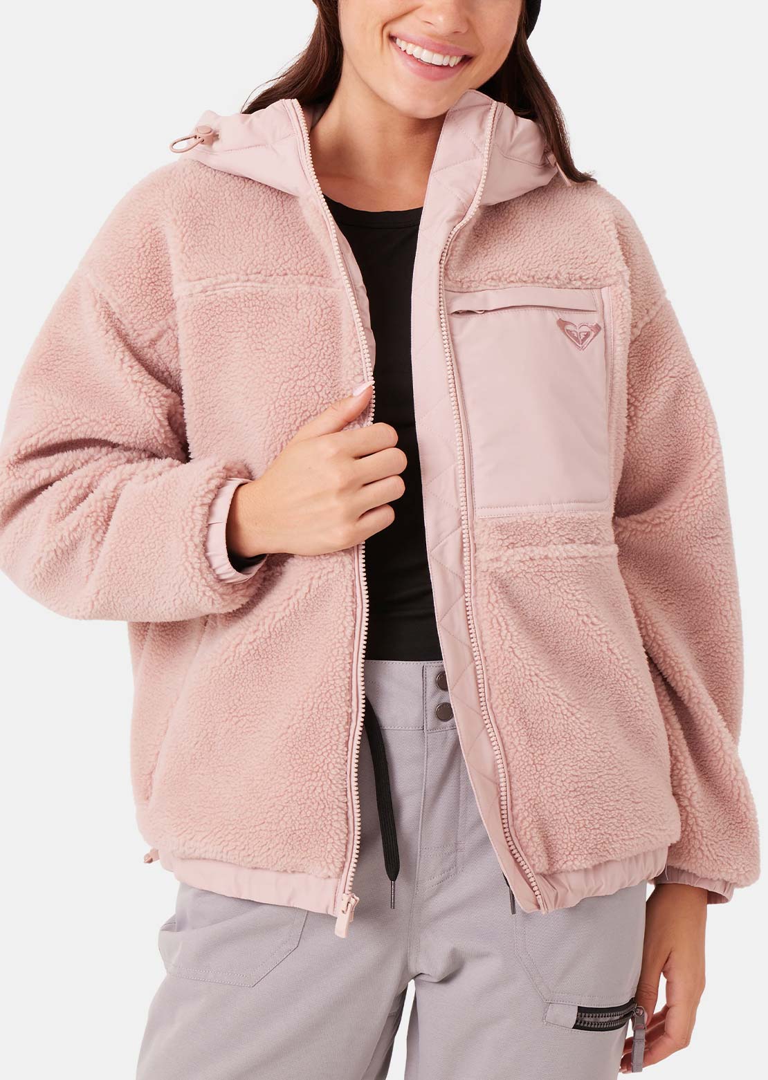 Roxy Women's Everest Full Zip Hooded Sherpa Jacket Adobe Rose