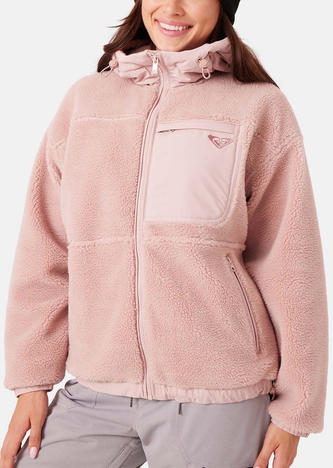 Roxy Women's Everest Full Zip Hooded Sherpa Jacket Adobe Rose
