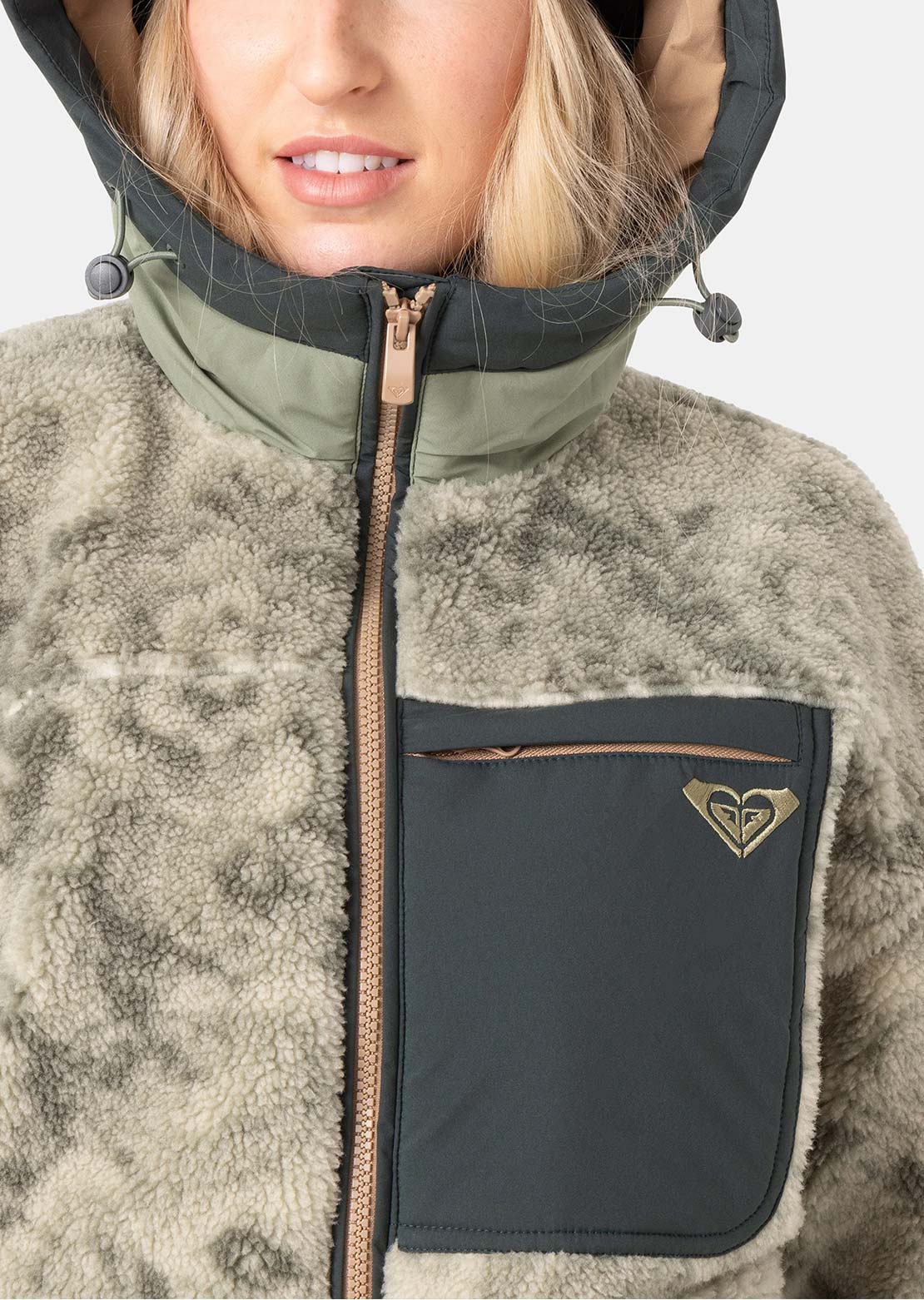 Roxy Women's Everest Full Zip Hooded Sherpa Jacket Olive Combo