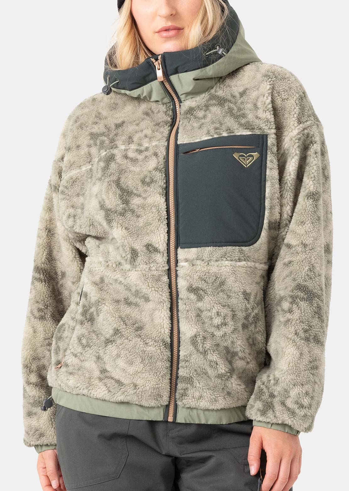 Roxy Women's Everest Full Zip Hooded Sherpa Jacket Olive Combo