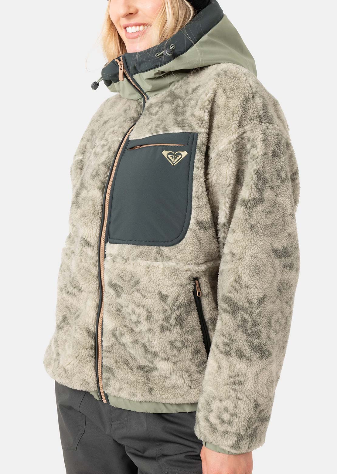 Roxy Women's Everest Full Zip Hooded Sherpa Jacket Olive Combo