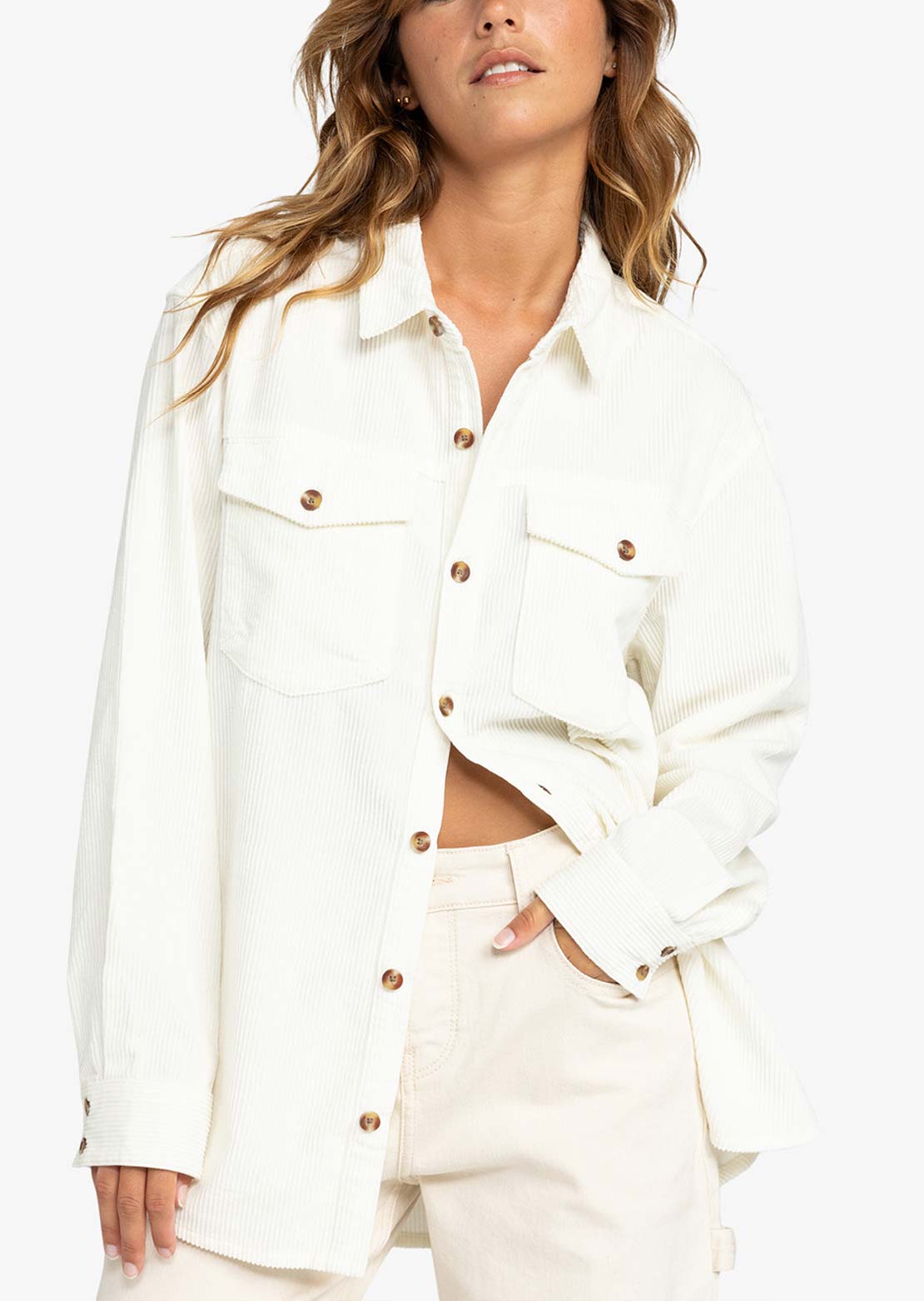 Roxy Women's Let It Go Cord Button Up Shirt Egret