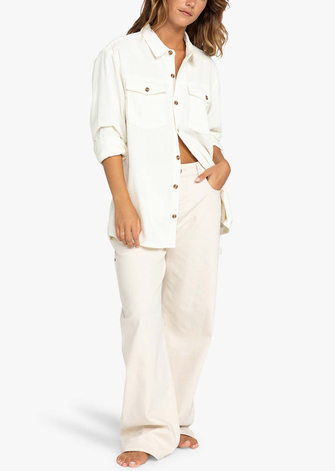 Roxy Women's Let It Go Cord Button Up Shirt Egret