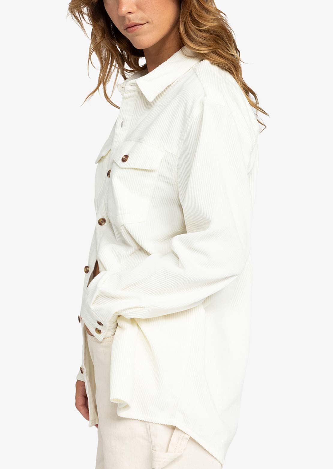 Roxy Women's Let It Go Cord Button Up Shirt Egret