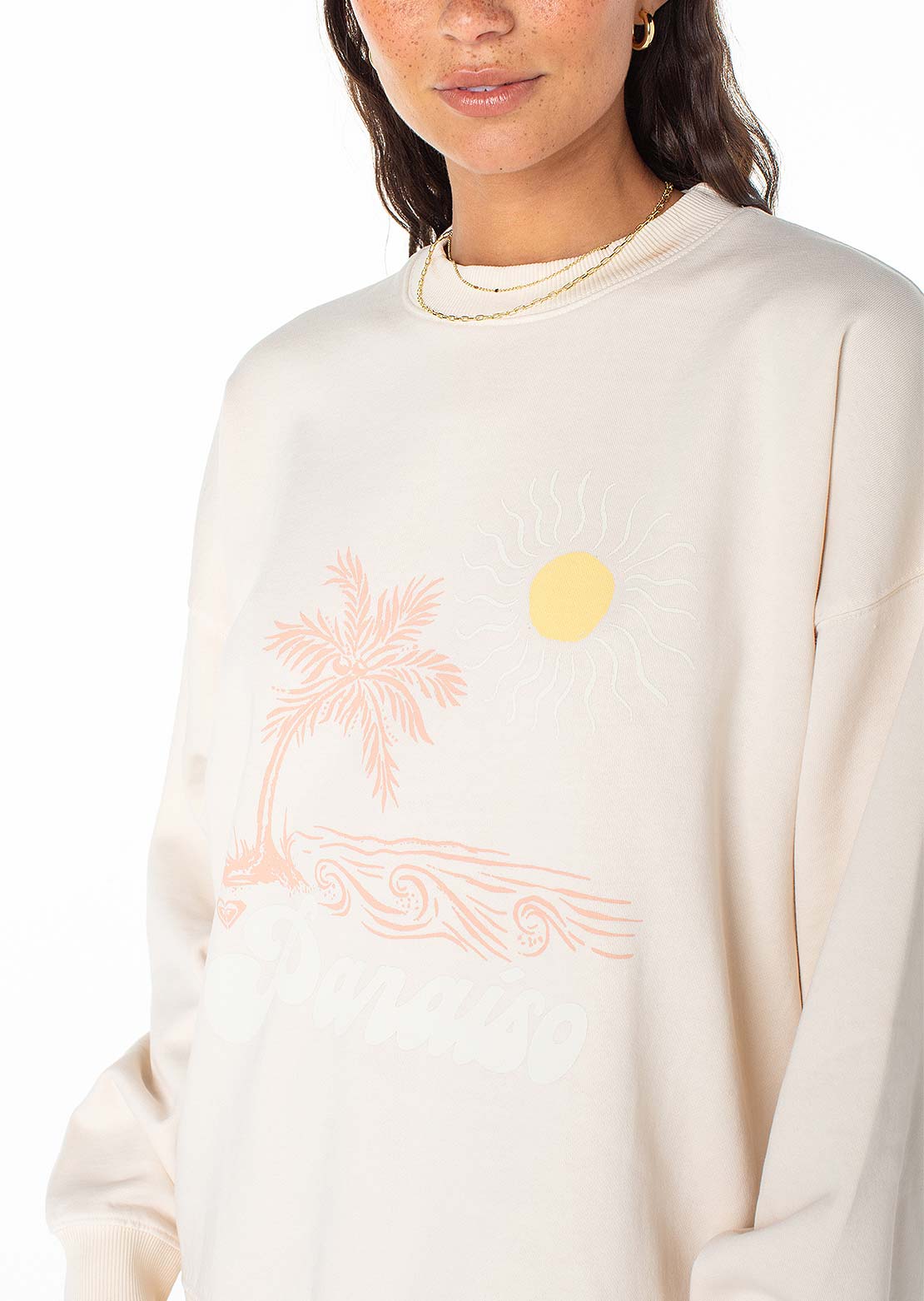 Roxy Women's Lineup Oversized Crew Fleece Longsleeve Pink Champagne Paraiso