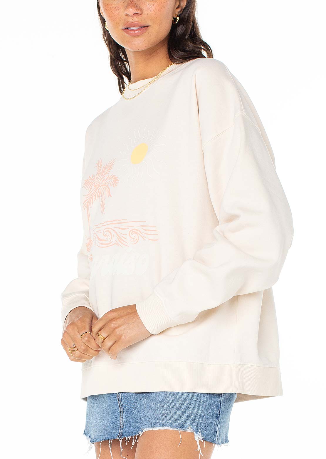 Roxy Women's Lineup Oversized Crew Fleece Longsleeve Pink Champagne Paraiso