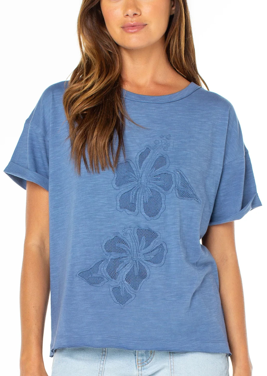 Roxy Women's Sunset Sessions T-Shirt Blue Horizon/Hibiscus Cut Out