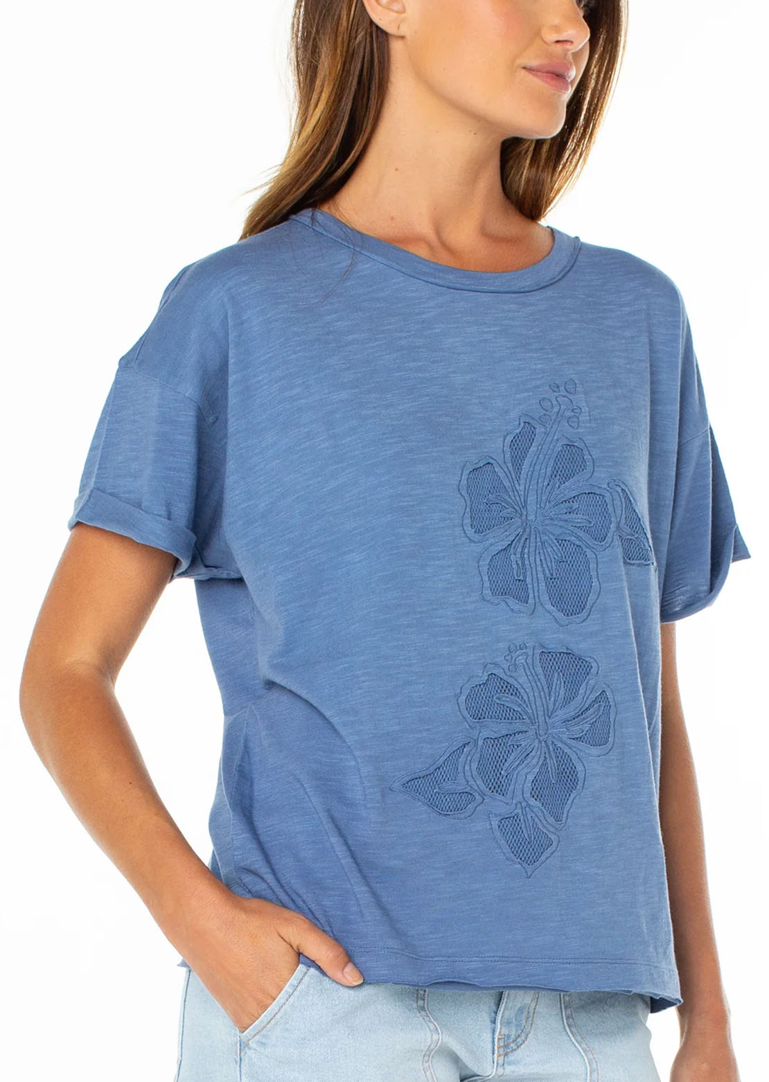 Roxy Women's Sunset Sessions T-Shirt Blue Horizon/Hibiscus Cut Out