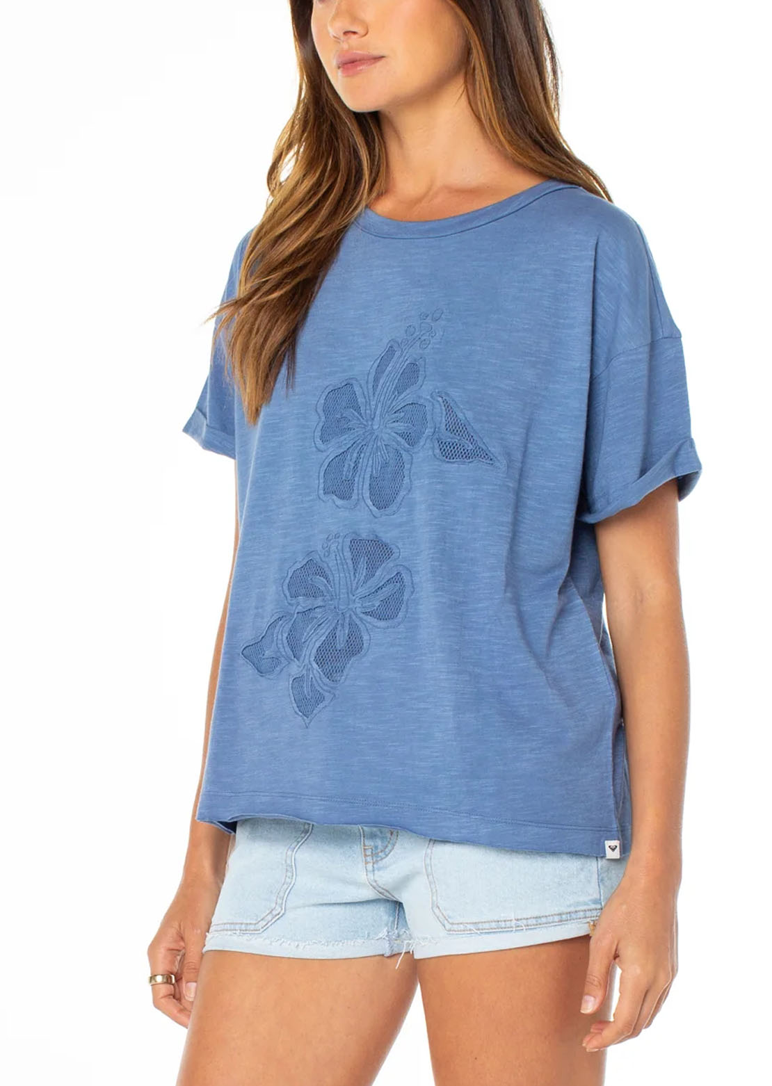 Roxy Women's Sunset Sessions T-Shirt Blue Horizon/Hibiscus Cut Out