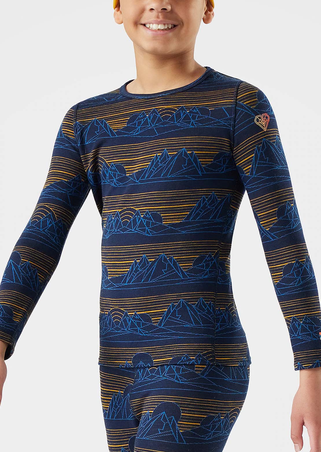 Smartwool Junior Classic Thermal Merino Base Layer Crew Top Deep Navy Geo Peaks