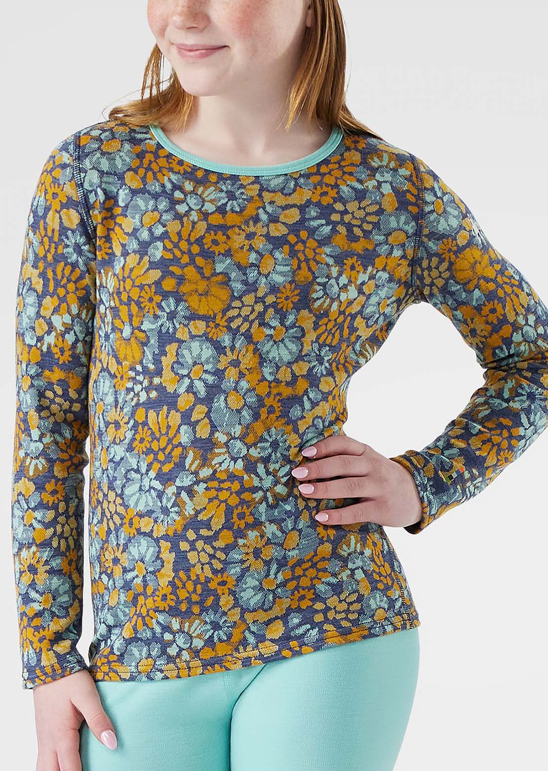 Smartwool Junior Classic Thermal Merino Base Layer Top Pacific Blue Floral