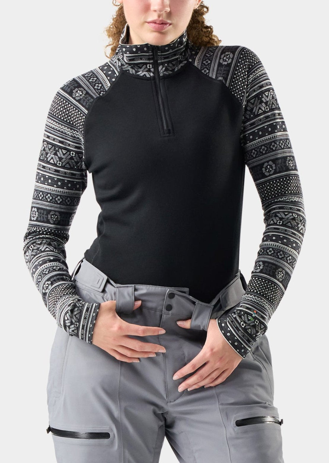 Smartwool Women's Classic Thermal Merino 1/4 Zip Base Layer Top Black Fair Isle Fun