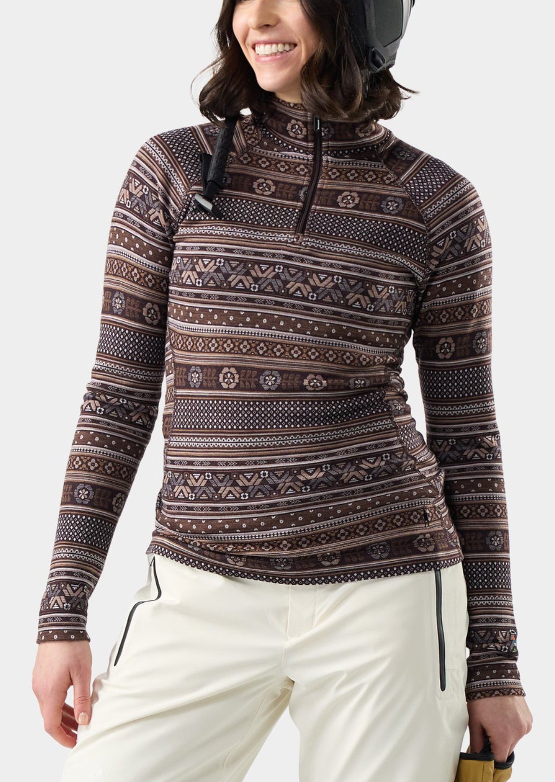 Smartwool Women's Classic Thermal Merino 1/4 Zip Boxed Base Layer Top Mocha Fair Isle Fun