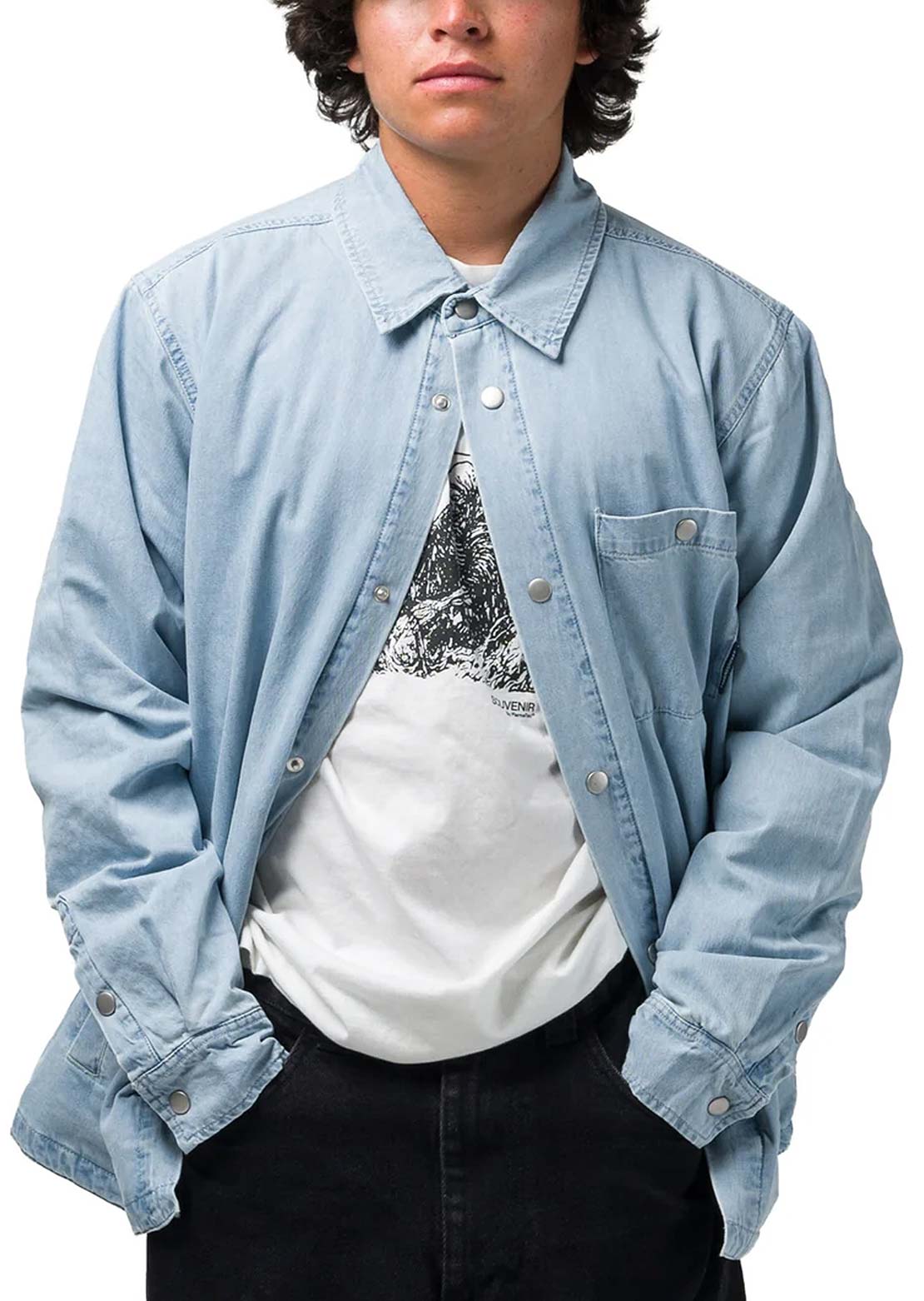 Souvenir Unisex Quilted Denim Button Up Shirt Faded Indigo