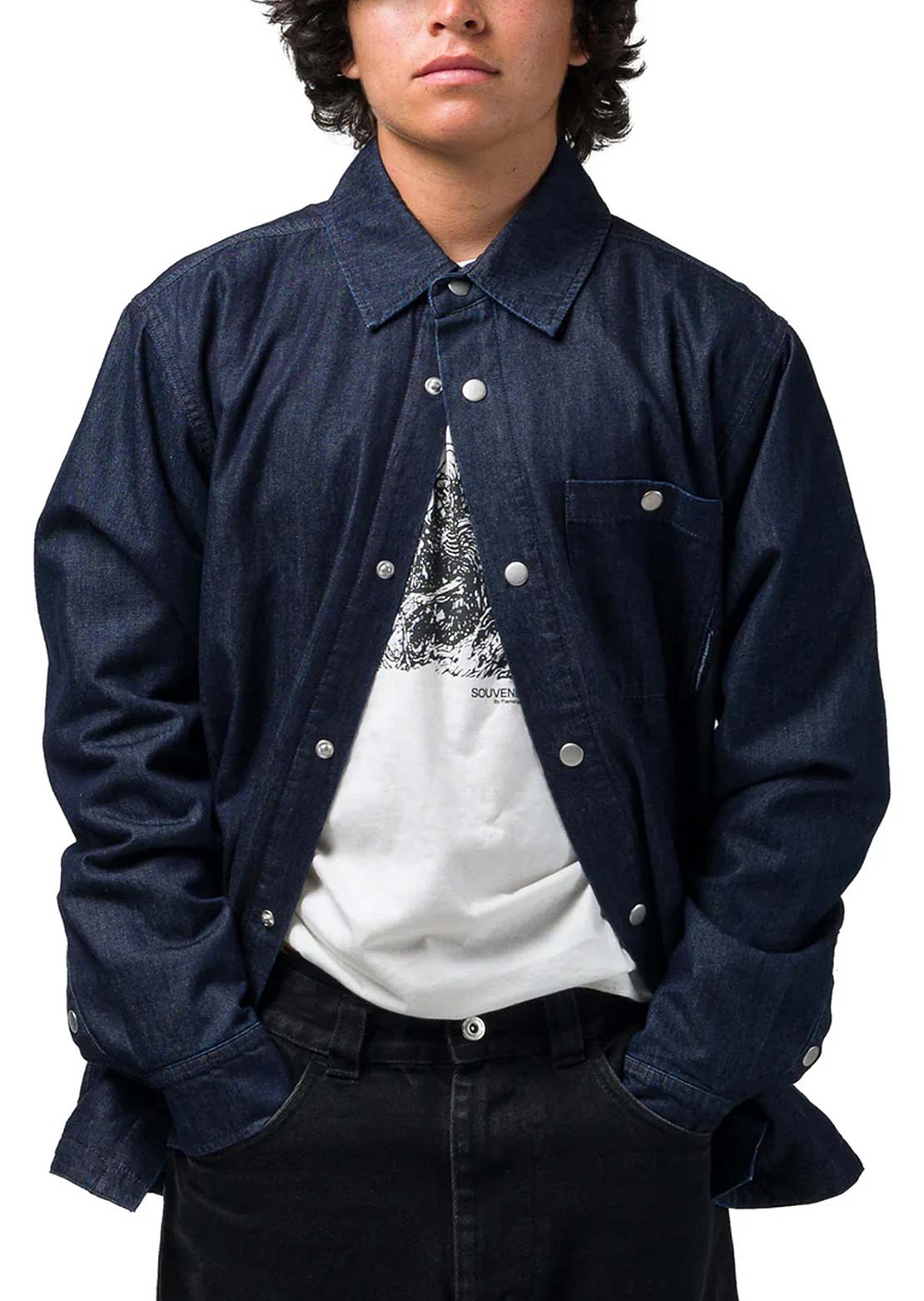 Souvenir Unisex Quilted Denim Button Up Shirt Dark Indigo
