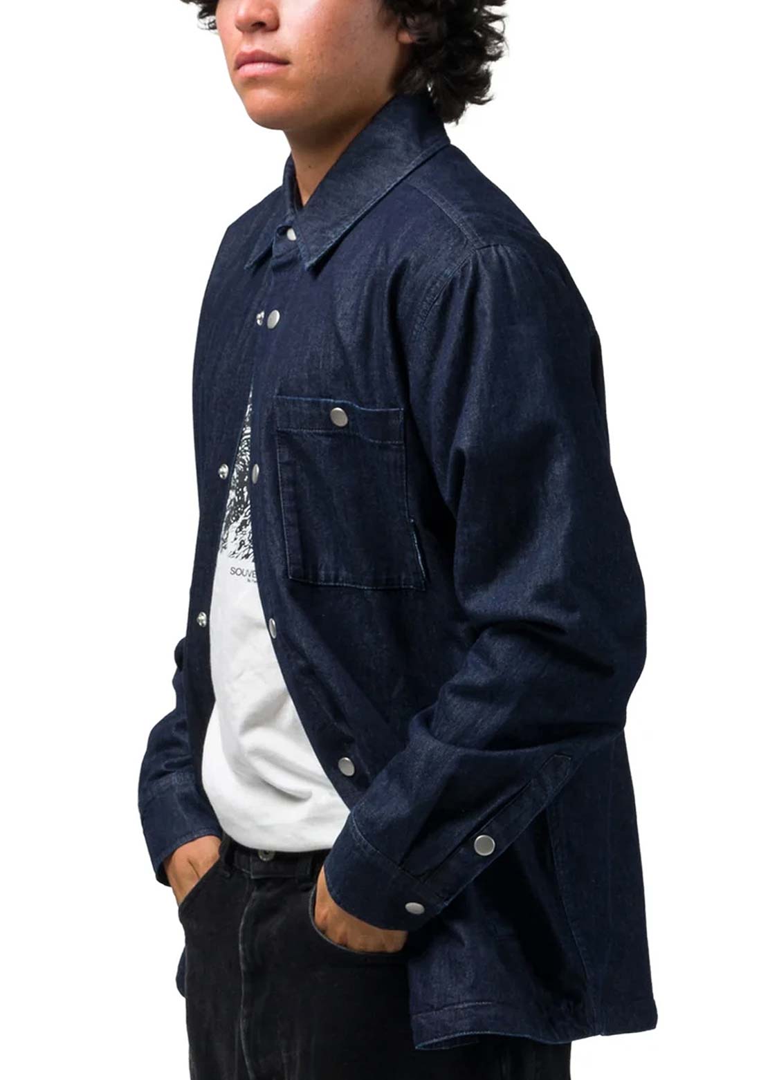 Souvenir Unisex Quilted Denim Button Up Shirt Dark Indigo