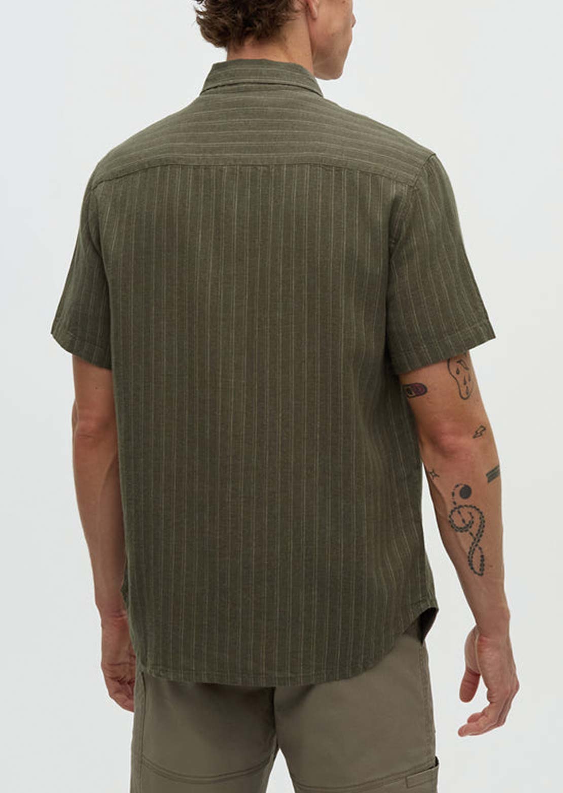 Tentree Men's Dundas Button Up Shirt Deep Olive/Double Stripe