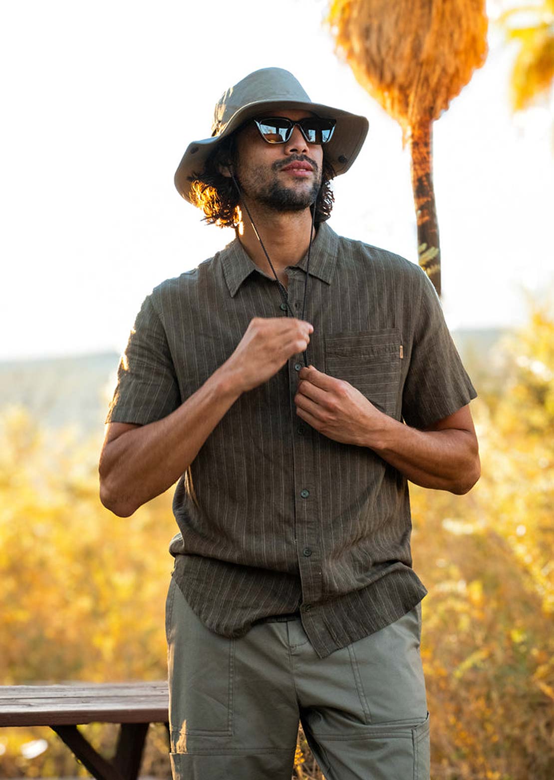 Tentree Men's Dundas Button Up Shirt Deep Olive/Double Stripe