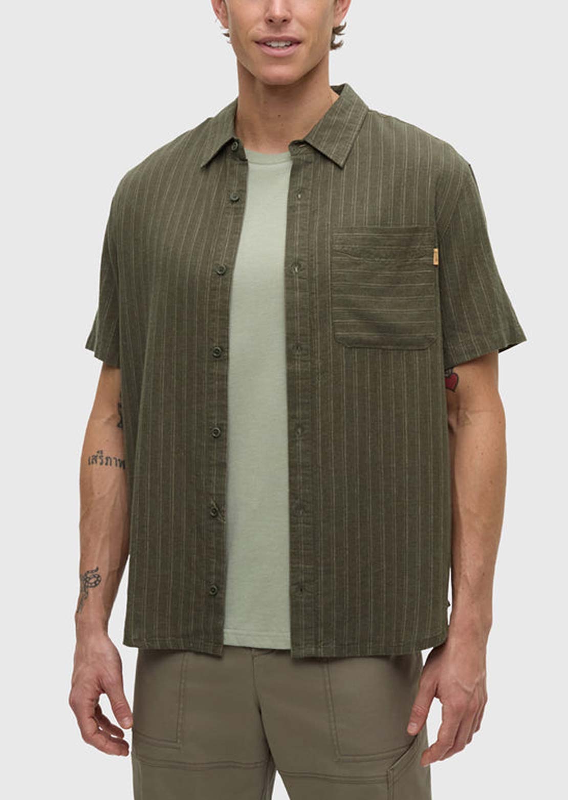 Tentree Men's Dundas Button Up Shirt Deep Olive/Double Stripe