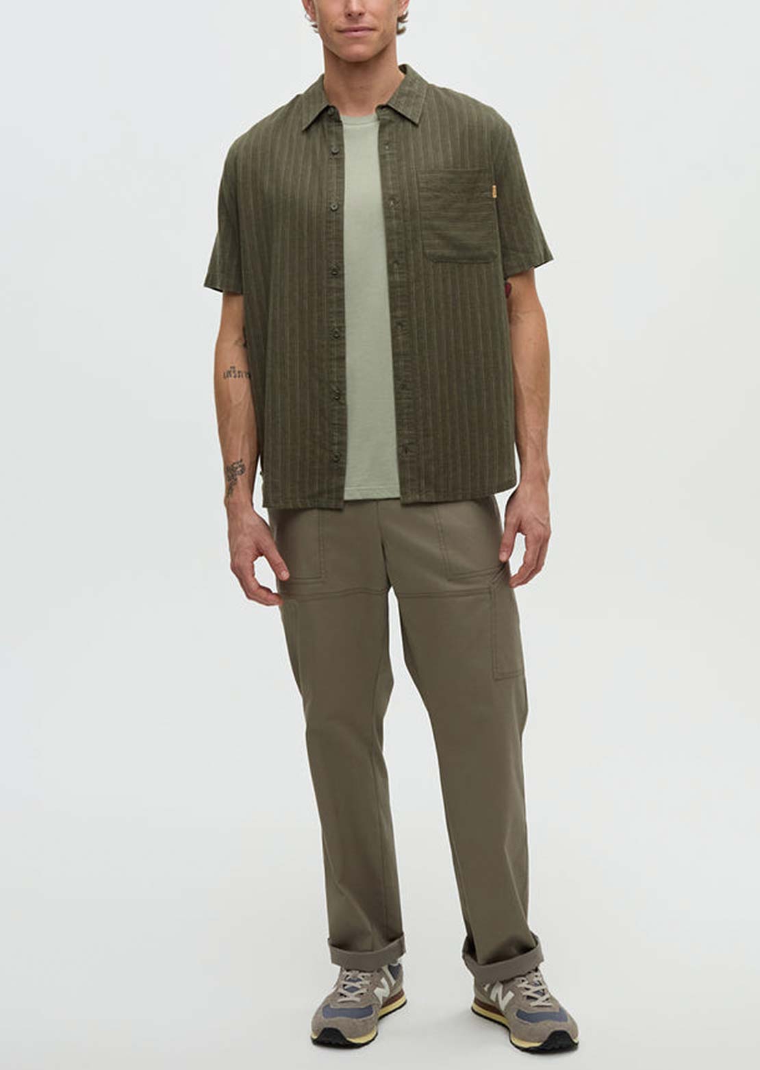 Tentree Men's Dundas Button Up Shirt Deep Olive/Double Stripe