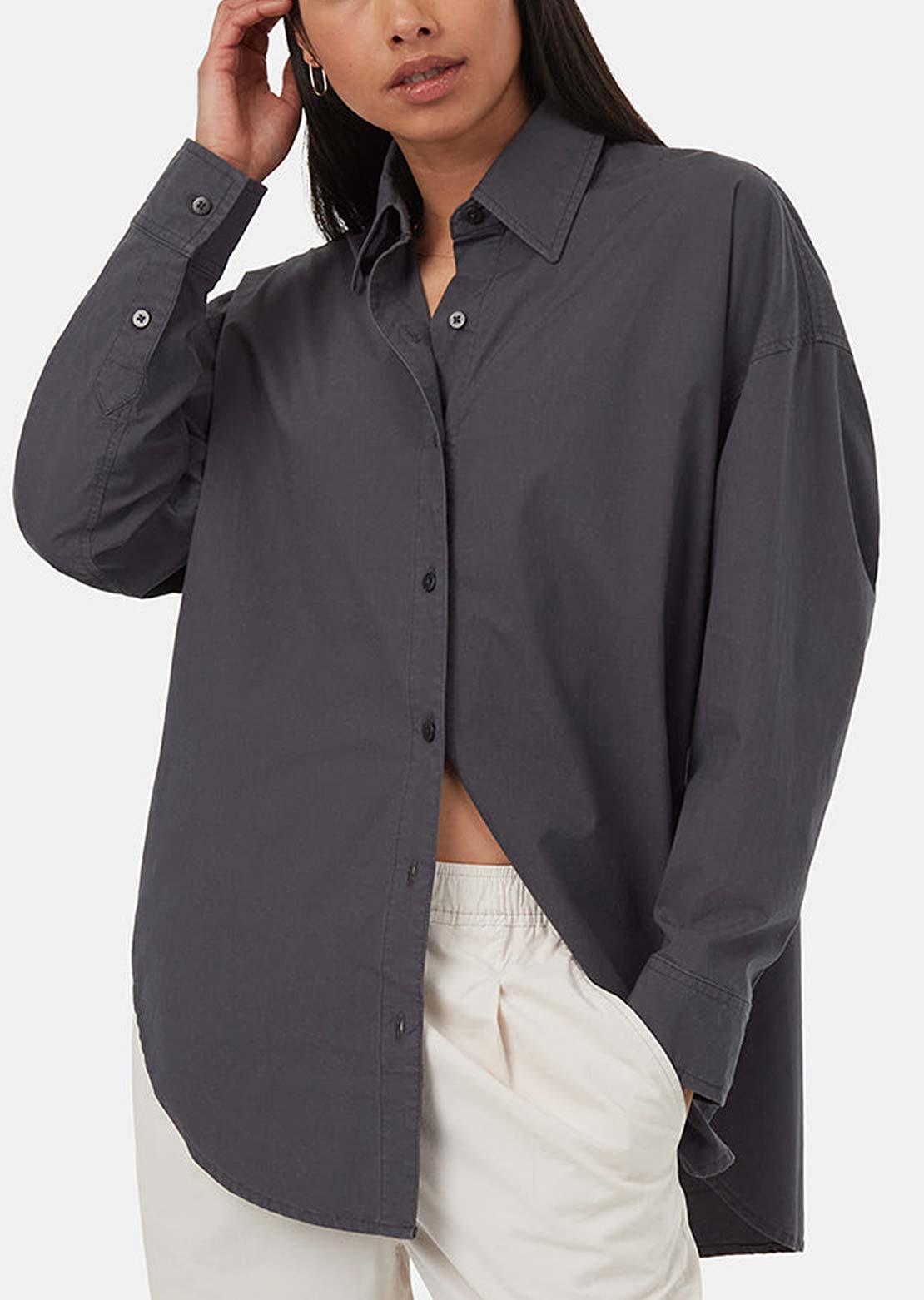 Tentree Women's EcoStretch Cotton Oversized Button Up Shirt Graphite