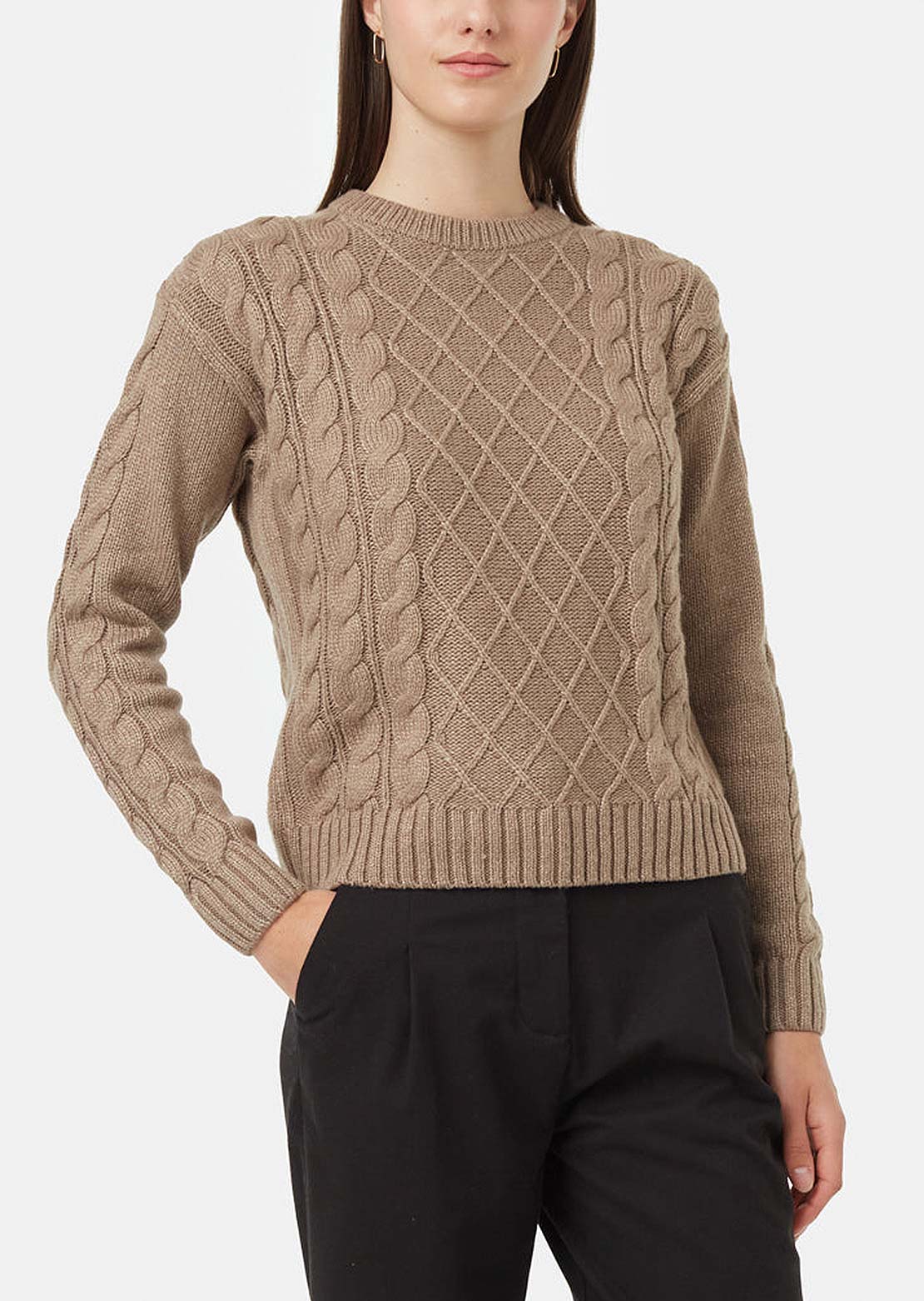 Tentree Women's Highline Wool Cable Crew Fossil Heather
