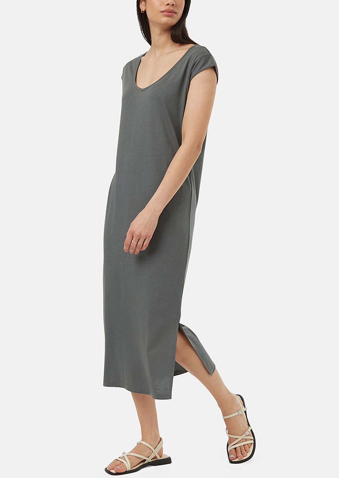 Tentree Women's TreeBlend V-Neck Midi Dress Light Urban Green