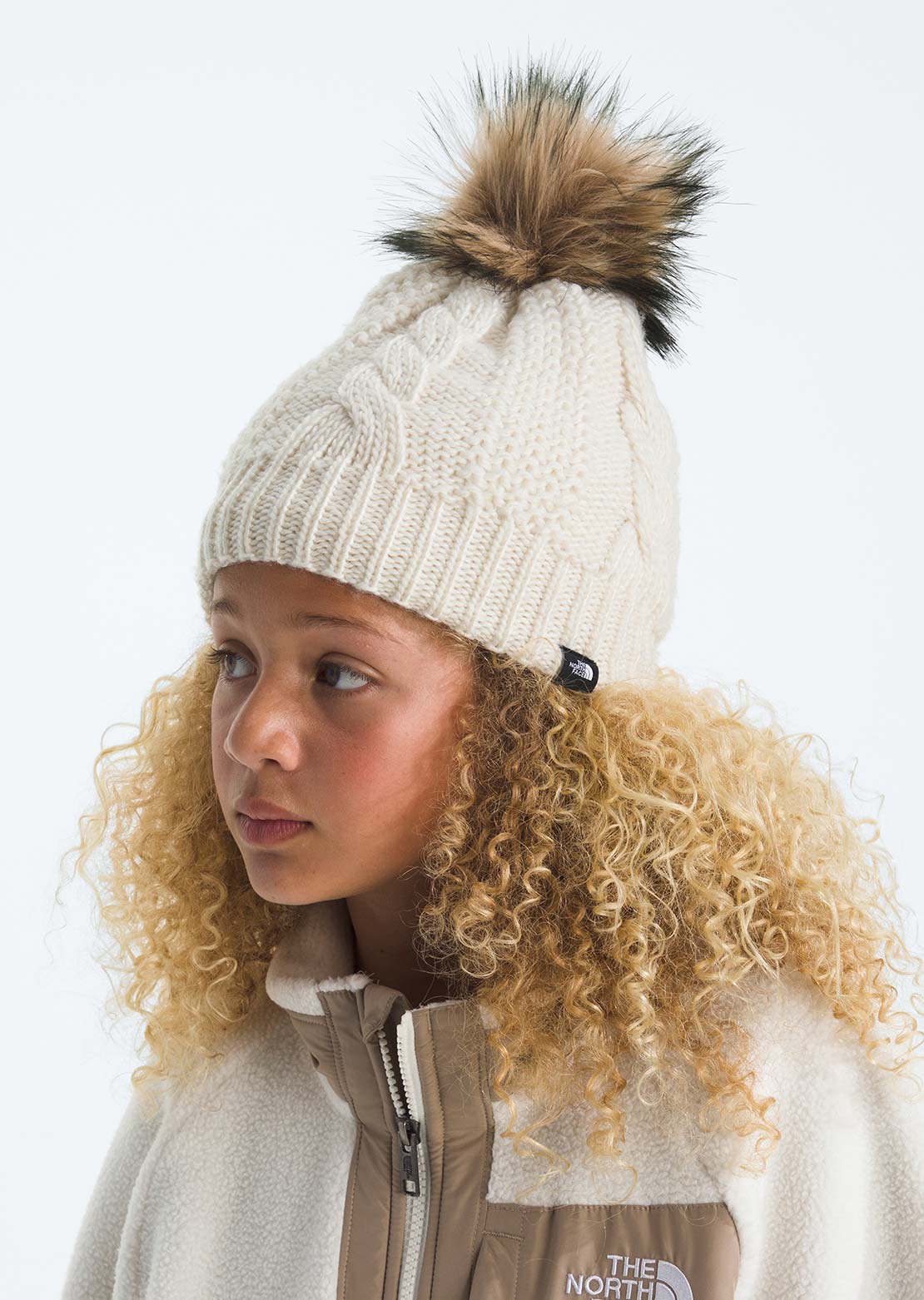 The North Face Junior Lined Oh Mega Fur Pom Beanie White Dune