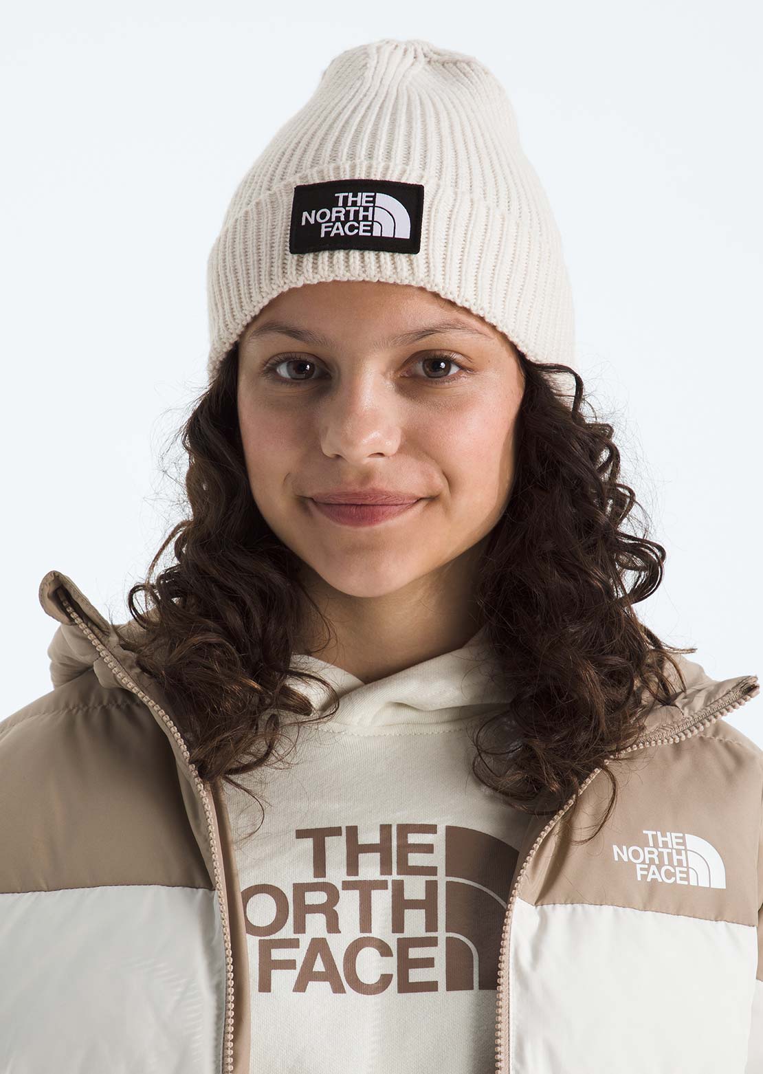 The North Face Junior TNF Logo Box Cuffed Beanie White Dune
