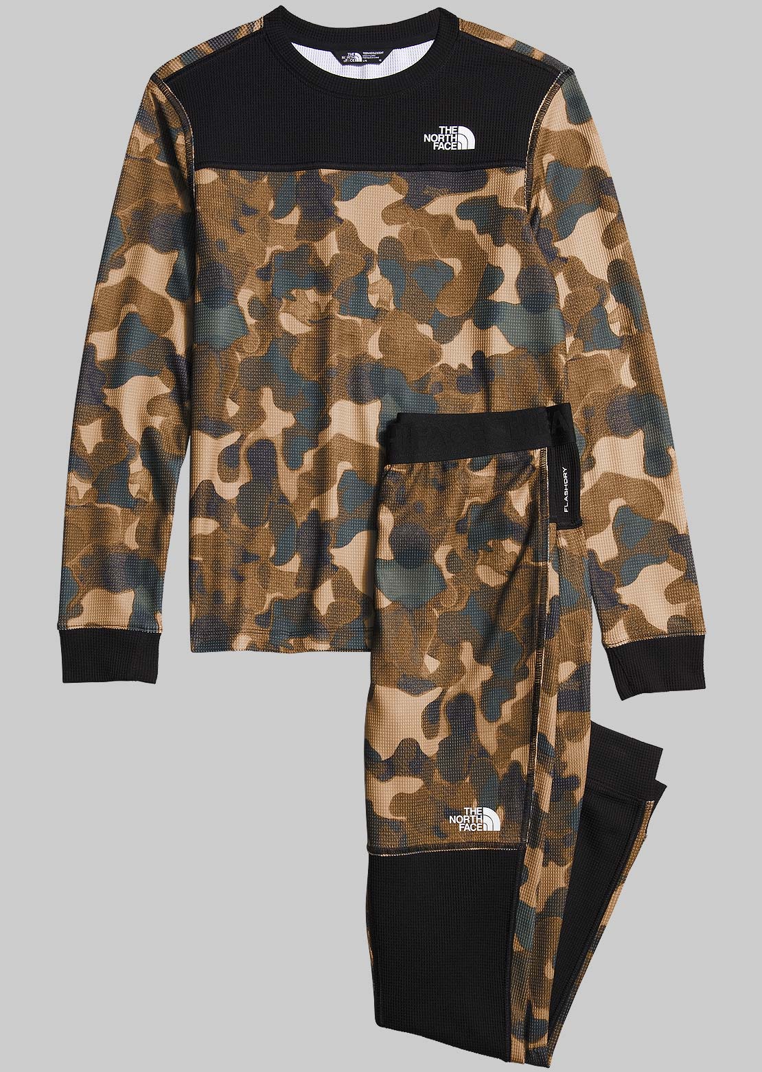 The North Face Junior Waffle Baselayer Set Utility Brown Camo Texture Small Print