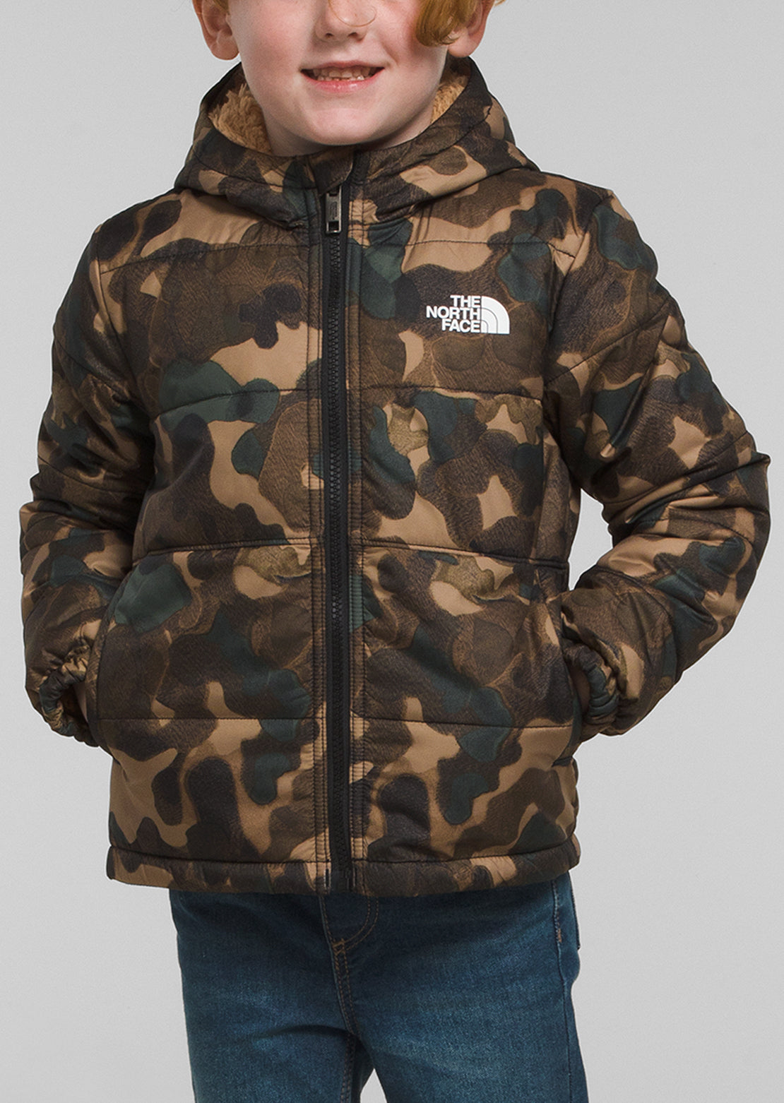  The North Face Toddler Reversible Mt Chimbo Full Zip Hooded Jacket Utility Brown Camo Texture Small Print