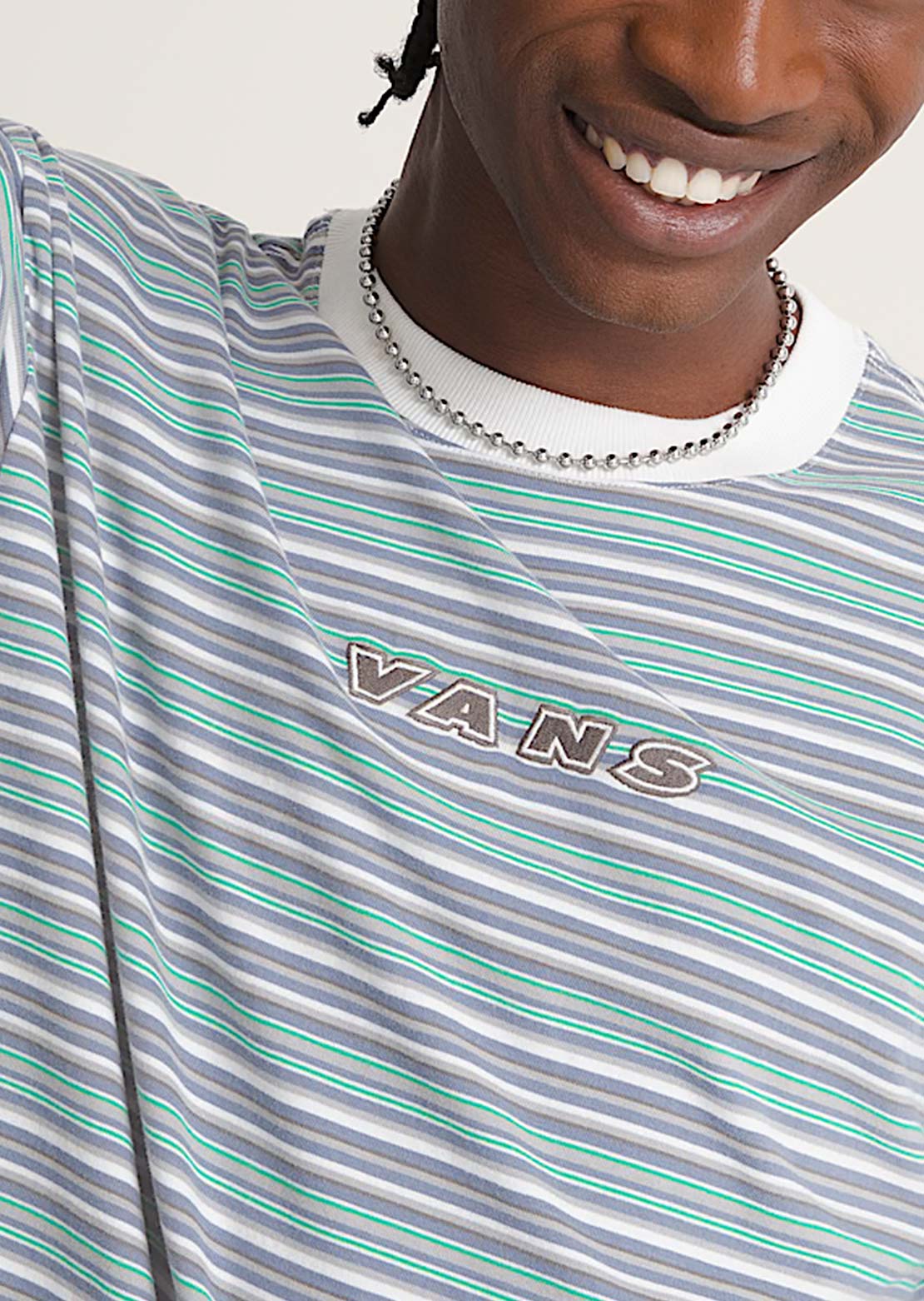 Vans Men's Cameron Stripe Knit T-Shirt Marshmallow White/Glacial Slate