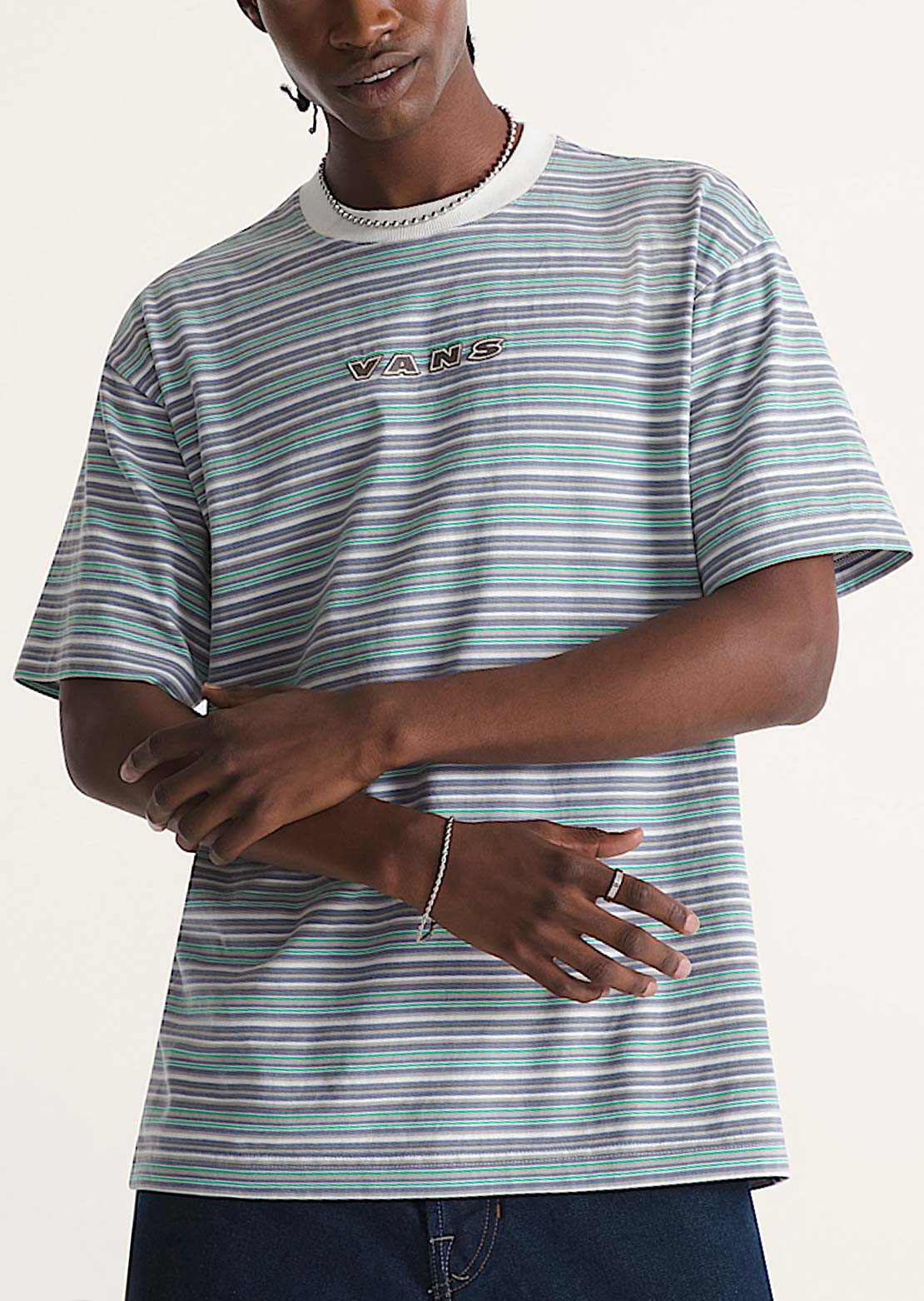 Vans Men's Cameron Stripe Knit T-Shirt Marshmallow White/Glacial Slate