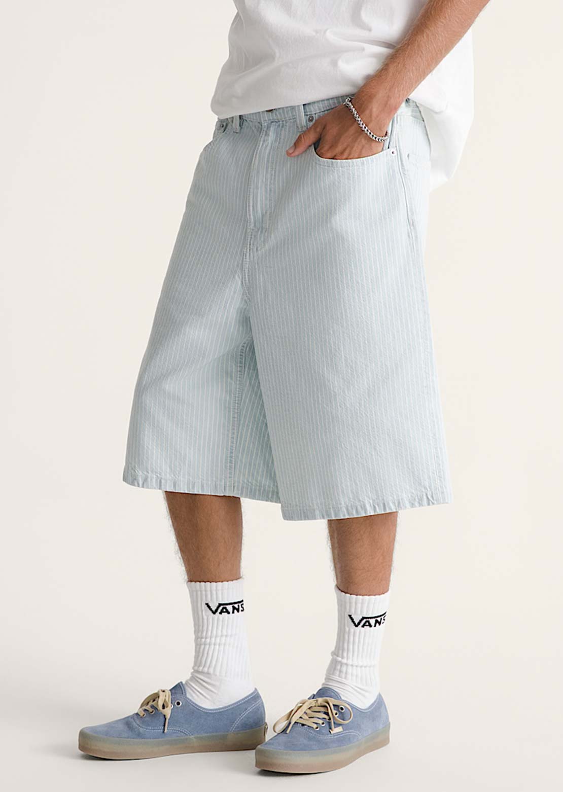 Vans Men's Check-5 Baggy Striped Denim Shorts Blue Ice Striped